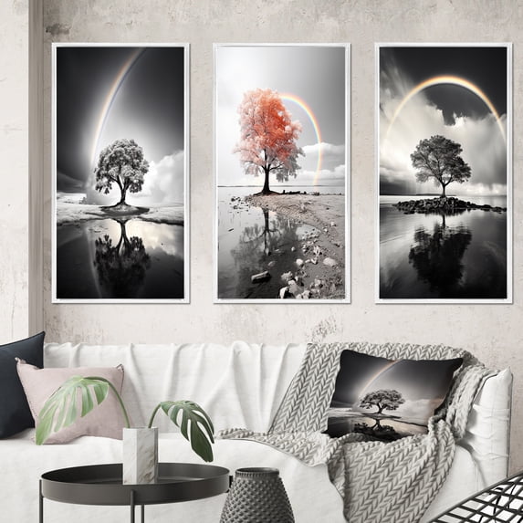Designart "Grayscale Arc Rainbow Over the Tree III" Floral Framed Wall Art Set Of 3 - Grey Rainbow Frame Canvas Set For Living Room Decor
