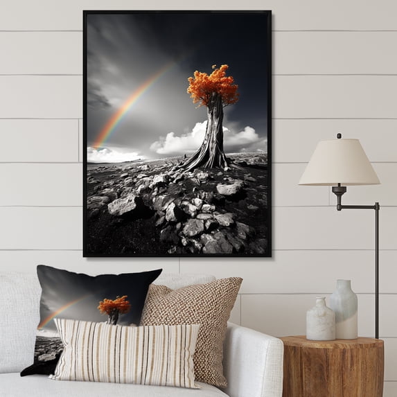 Designart "Grayscale Rainbow Arc Over an Orange Tree" Floral Floater Framed Canvas Print