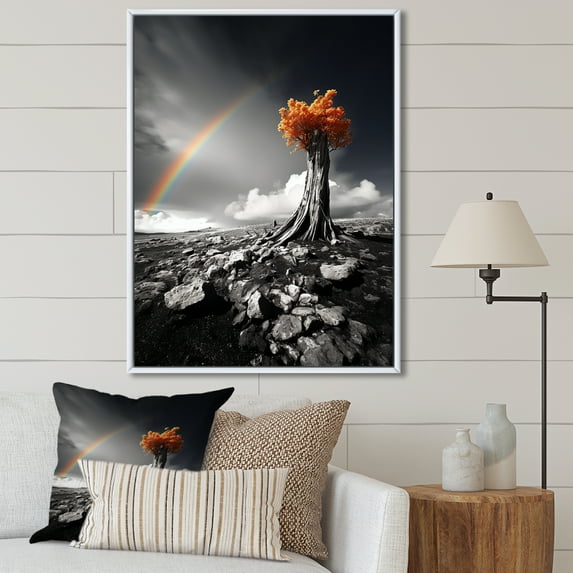 Designart "Grayscale Rainbow Arc Over an Orange Tree" Floral Floater Framed Canvas Print