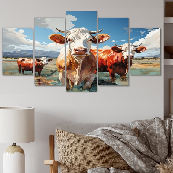 Designart "Grazers Geometric Cattle Pastoral art painting II" Animals Metal Wall Art Set