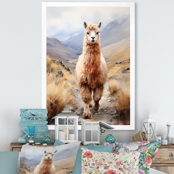 Designart "Grazing Alpacas in Romance II" Animals Framed Wall Art - Traditional Brown Alpaca Living Room Framed Canvas Art