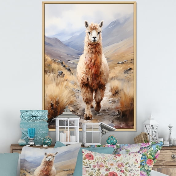 Designart "Grazing Alpacas in Romance II" Animals Framed Wall Art - Traditional Brown Alpaca Living Room Framed Canvas Art