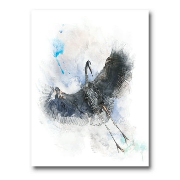 Designart ' Great Dark Blue Heron Bird Illustration ' Farmhouse Canvas Wall Art Print