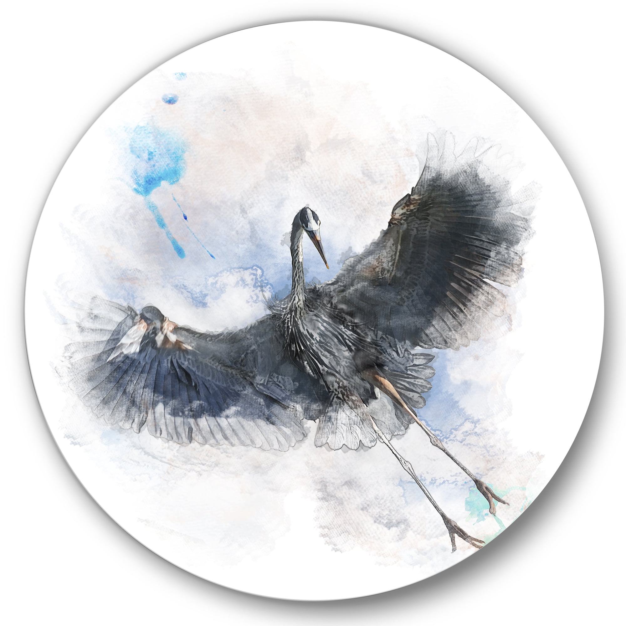 Designart 'Great Dark Blue Heron Bird Illustration' Farmhouse Circle Metal Wall Art 23x23 - Disc of 23