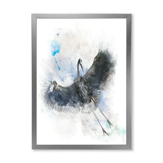 Designart 'Great Dark Blue Heron Bird Illustration' Farmhouse Framed Art Print
