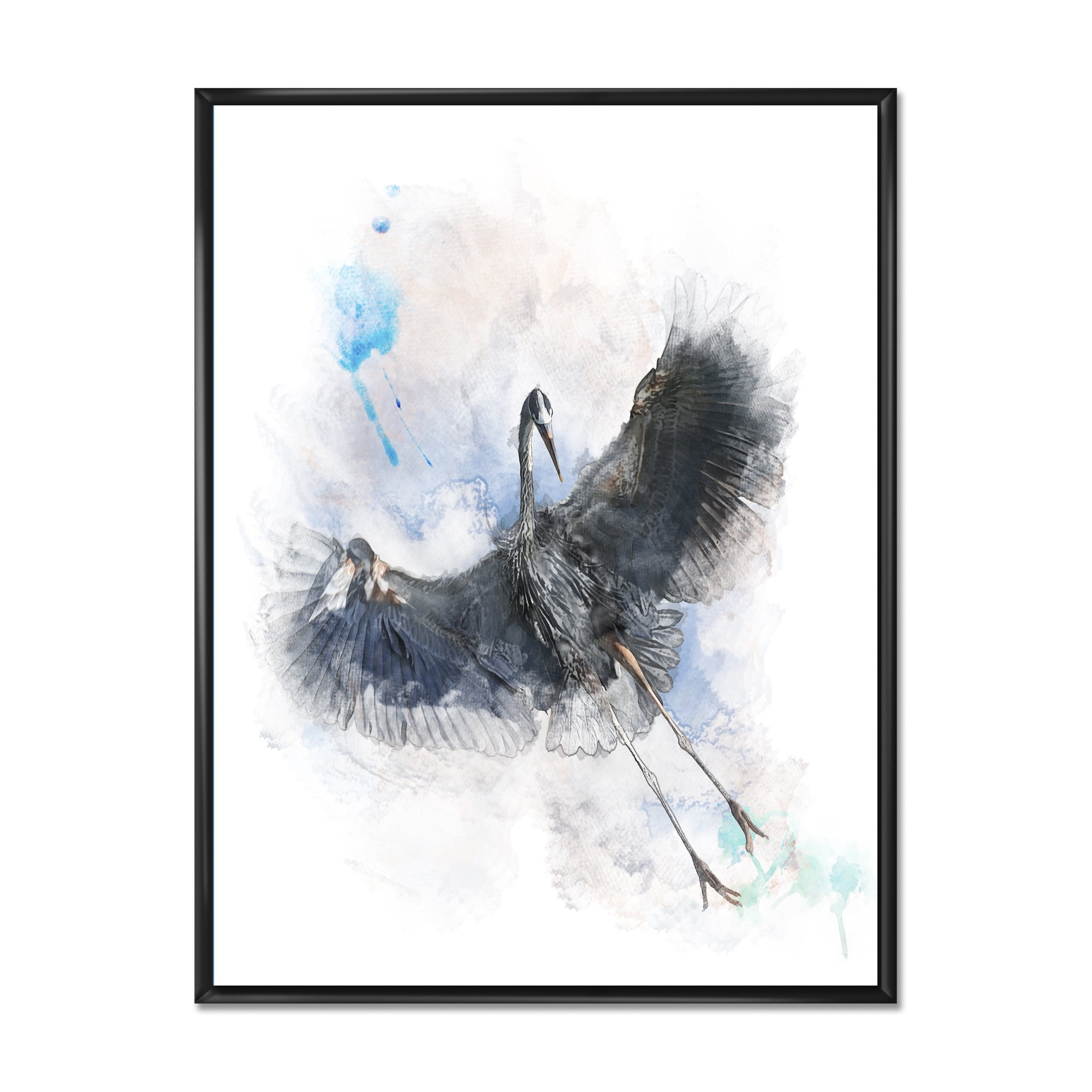 Designart 'Great Dark Blue Heron Bird Illustration' Farmhouse Framed Canvas Wall Art Print