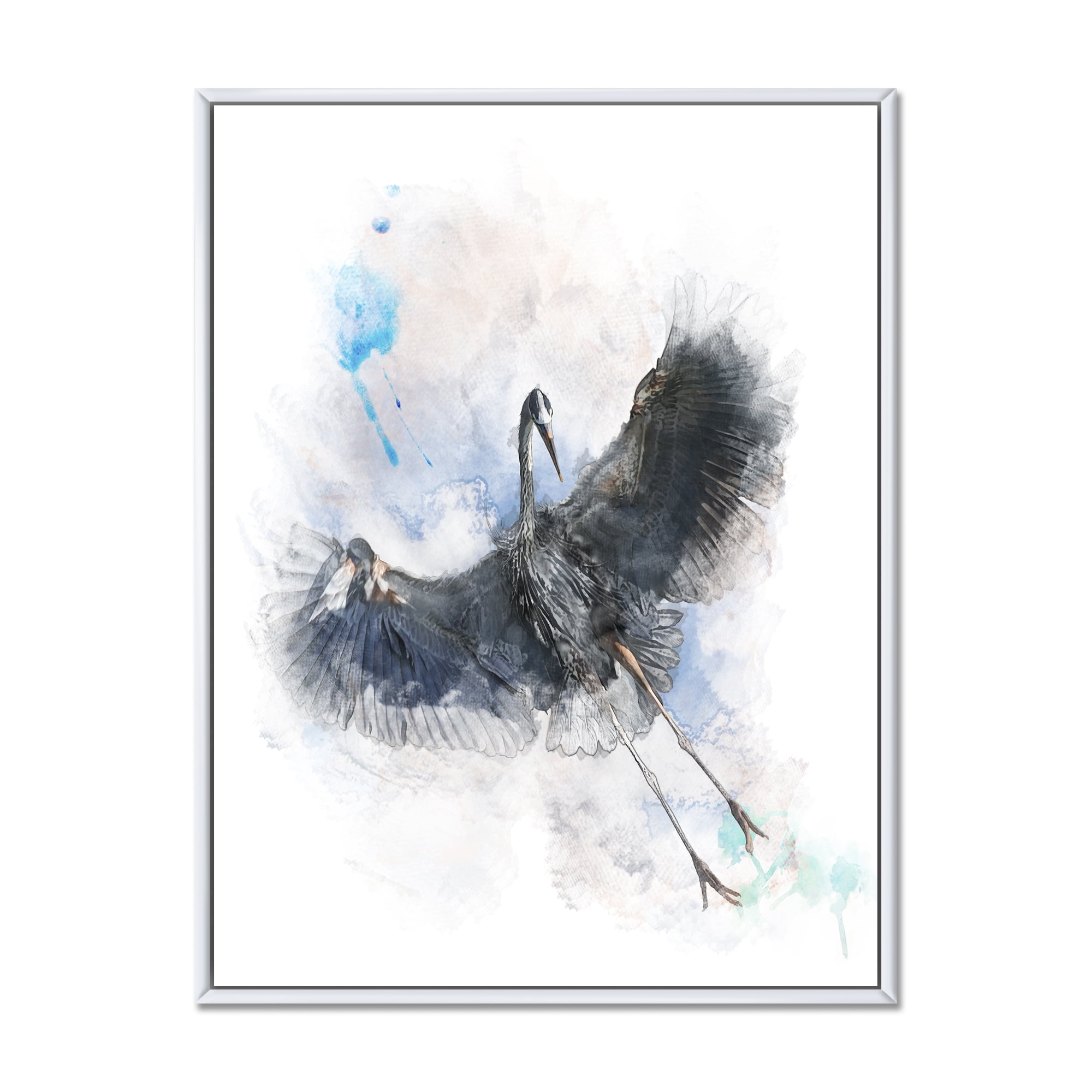 Designart 'Great Dark Blue Heron Bird Illustration' Farmhouse Framed Canvas Wall Art Print