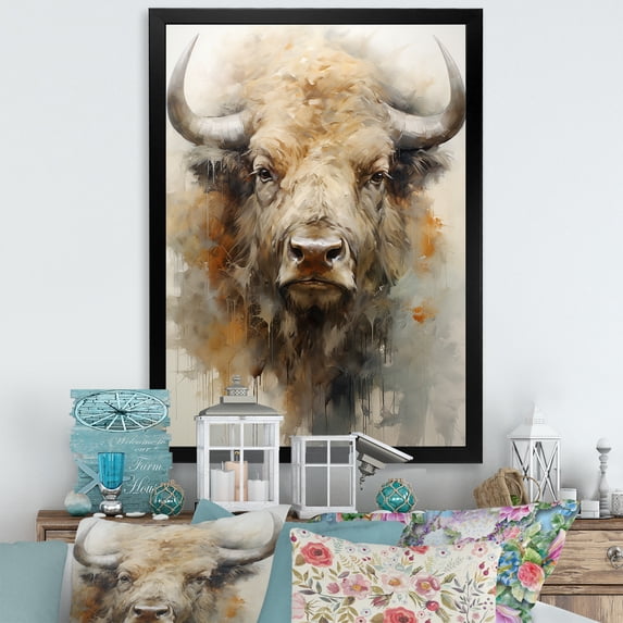 Designart "Great Plains Bison Bust II" Animals Buffalo Picture Framed Canvas Wall Art
