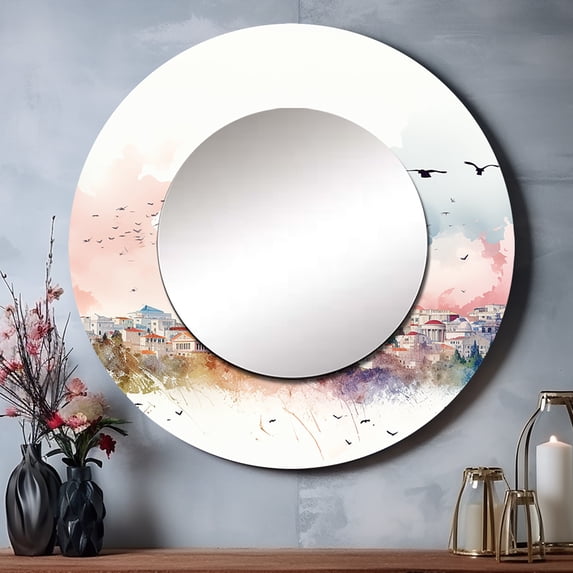 Designart "Grecian Urban Horizon" Bird Rund Mirror For Wall Decor - Large Pink Round Printed Mirror - Industrial Round Mirror 29" x 29" Inch