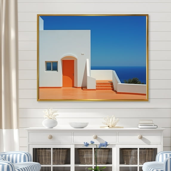 Designart "Greek Architectural Beauty By The Beach" Port Landscape Floater Framed Wall Art Prints
