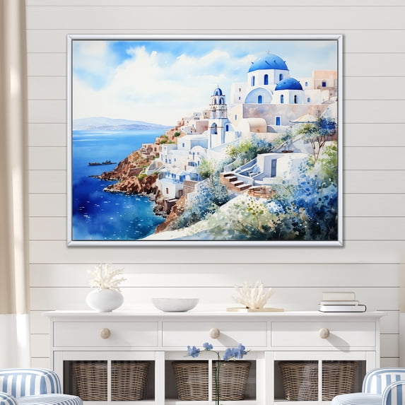 Designart "Greek Isles Village Blue and White Beauty I" Landscapes Framed Wall Art - Country Blue Greece Bedroom Framed Canvas Wall Art