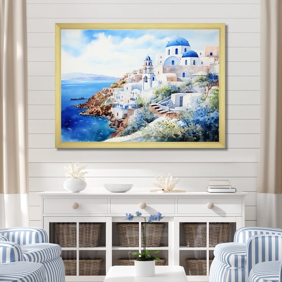 Designart "Greek Isles Village Blue and White Beauty I" Landscapes Framed Wall Art Decor - Country Blue Greece Hallway Framed Wall Art Decor