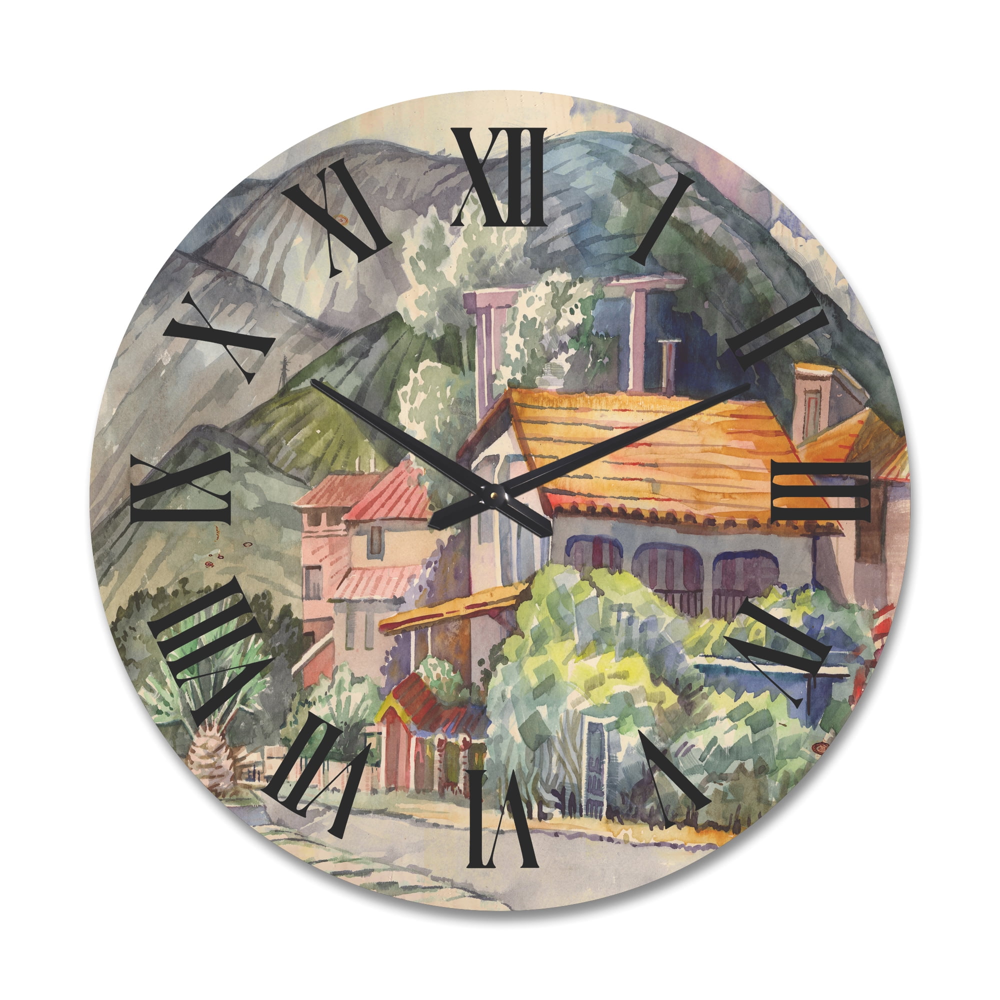 Designart 'Greek Mountains Landscape Off The Coast Of The Aegean Sea ' Traditional Wood Wall Clock