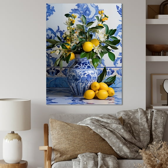 Designart "Greek Still Life with Tiles I" Geometric Canvas Wall Art - Bohemian White Boho Pottery Entryway Wall Art Print