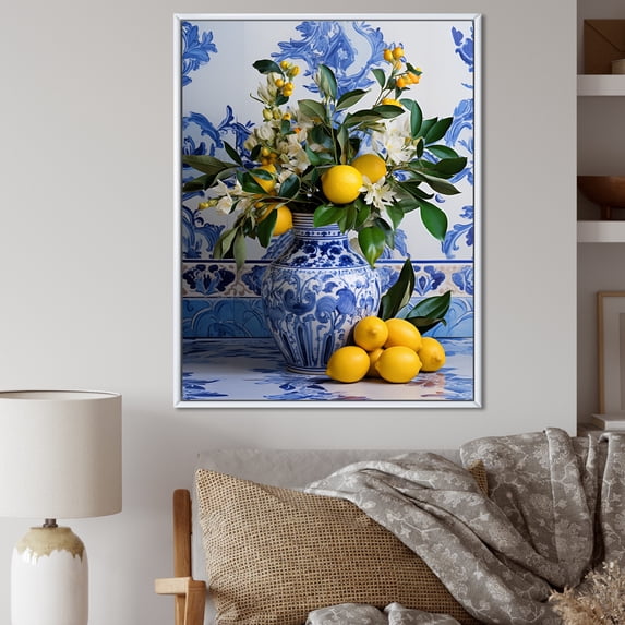 Designart "Greek Still Life with Tiles III" Geometric Framed Wall Art - Bohemian White Boho Pottery Entryway Framed Wall Art Print