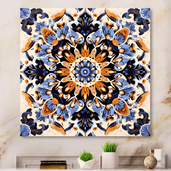 Designart "Greek Tiles in Yellow and Blue III" Abstract Wall Art - Modern Yellow Abstract Tile Bedroom Canvas Wall Art