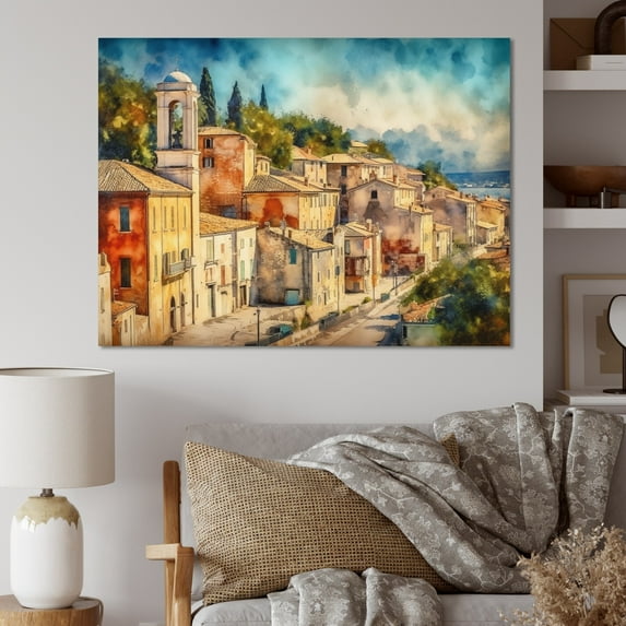 Designart "Green And Beige Small Town In Italy" City Art Deco Canvas Wall Art