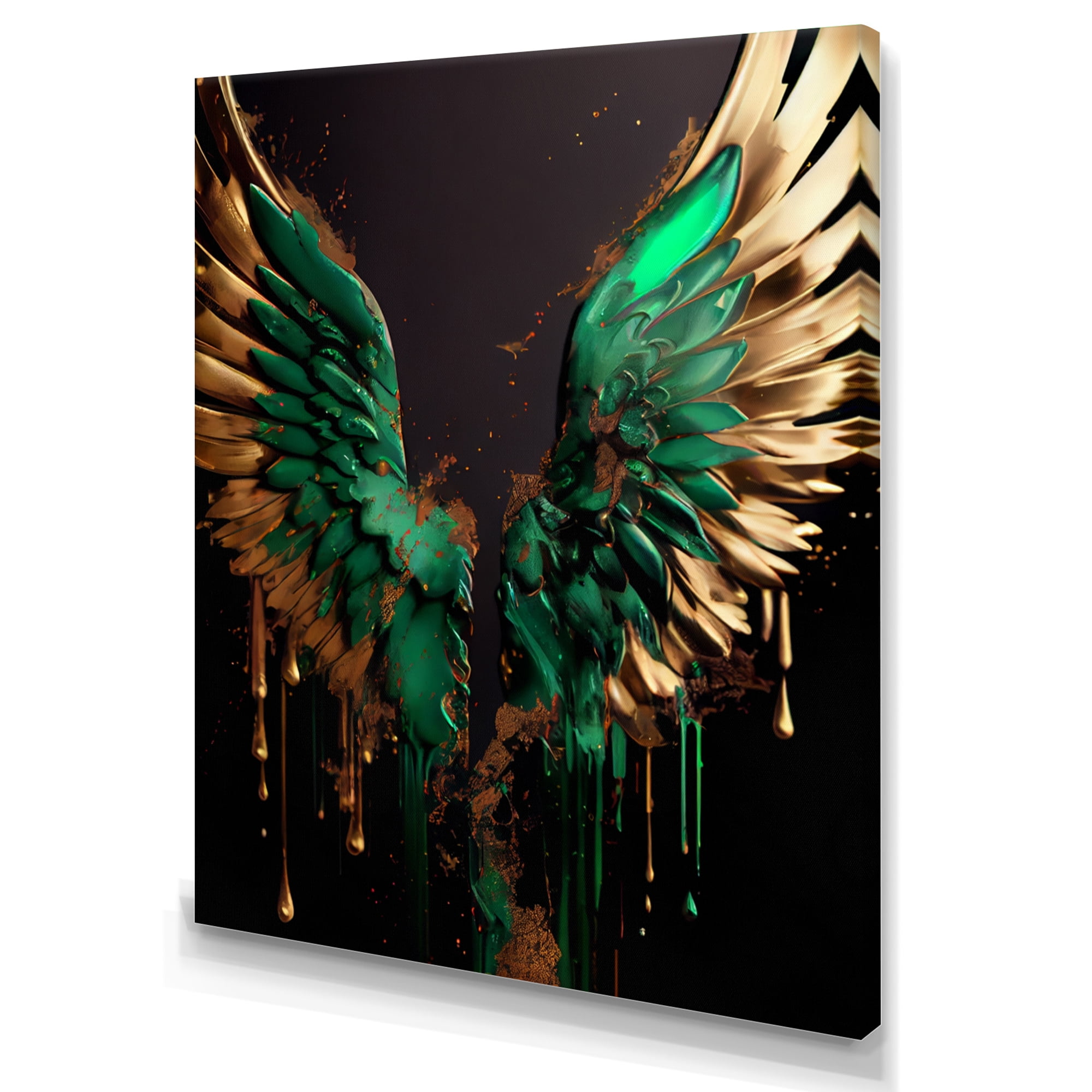 Designart Green And Gold Angel Wings I Canvas Wall Art
