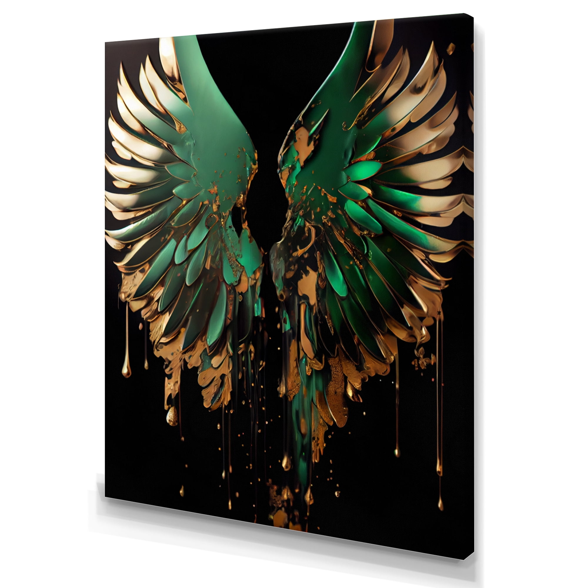 Designart Green And Gold Angel Wings II Canvas Wall Art