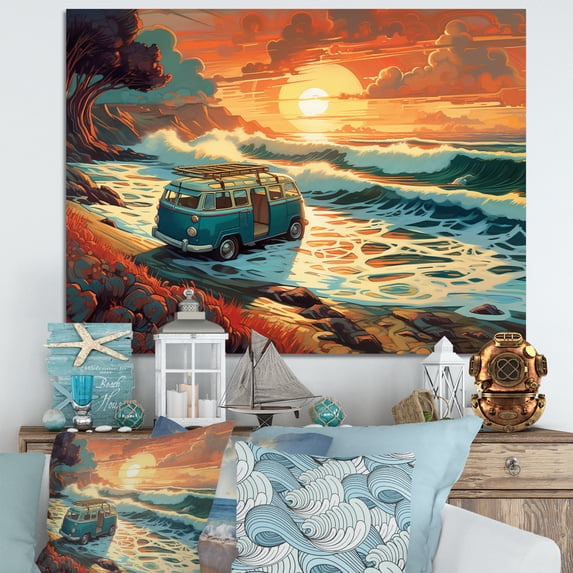 Designart "Green And Orange Retro Van On The Coastline II" Retro Car Canvas Art Print