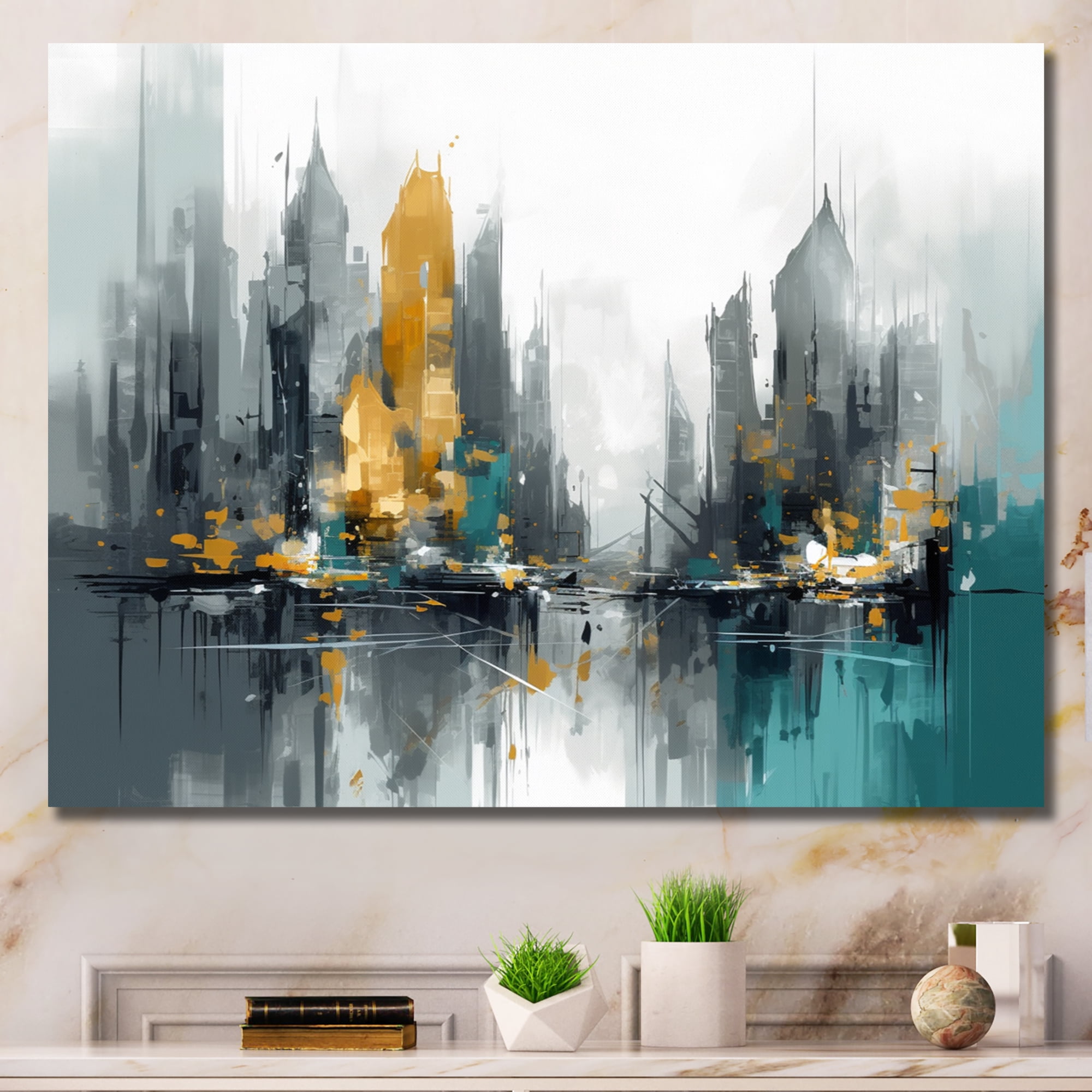 Designart "Green And Yellow Modernist Cityscapes I" City Art Deco ...