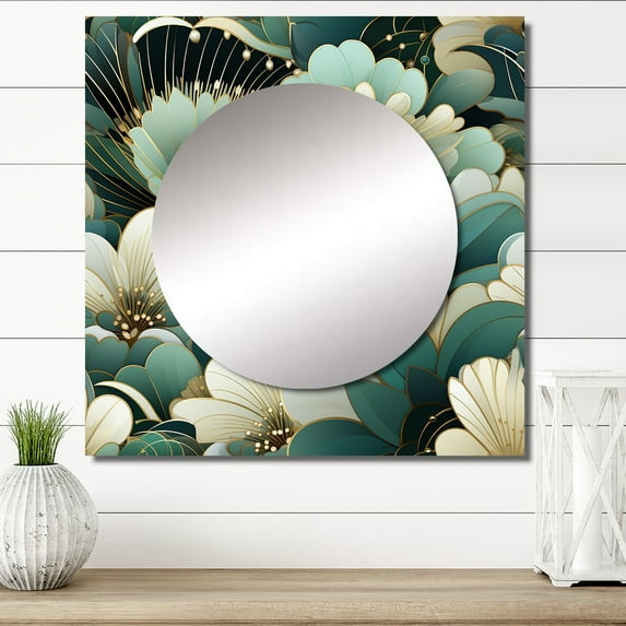 Designart "Green Art Decor Damask" 0 White Large Square Mirror - Square Bedroom Mirror Printed Wall Decor - Bohemian Square Printed Wall Mirror Art