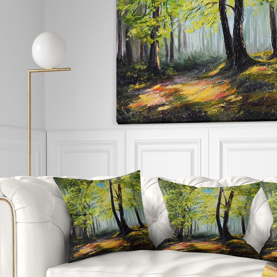 Designart Green Autumn Forest - Landscape Printed Throw Pillow - 16x16