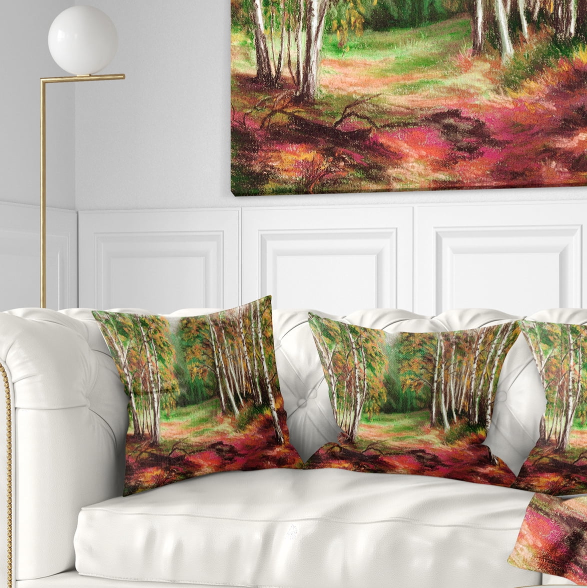 Designart Green Autumn Forest - Landscape Printed Throw Pillow - 18x18