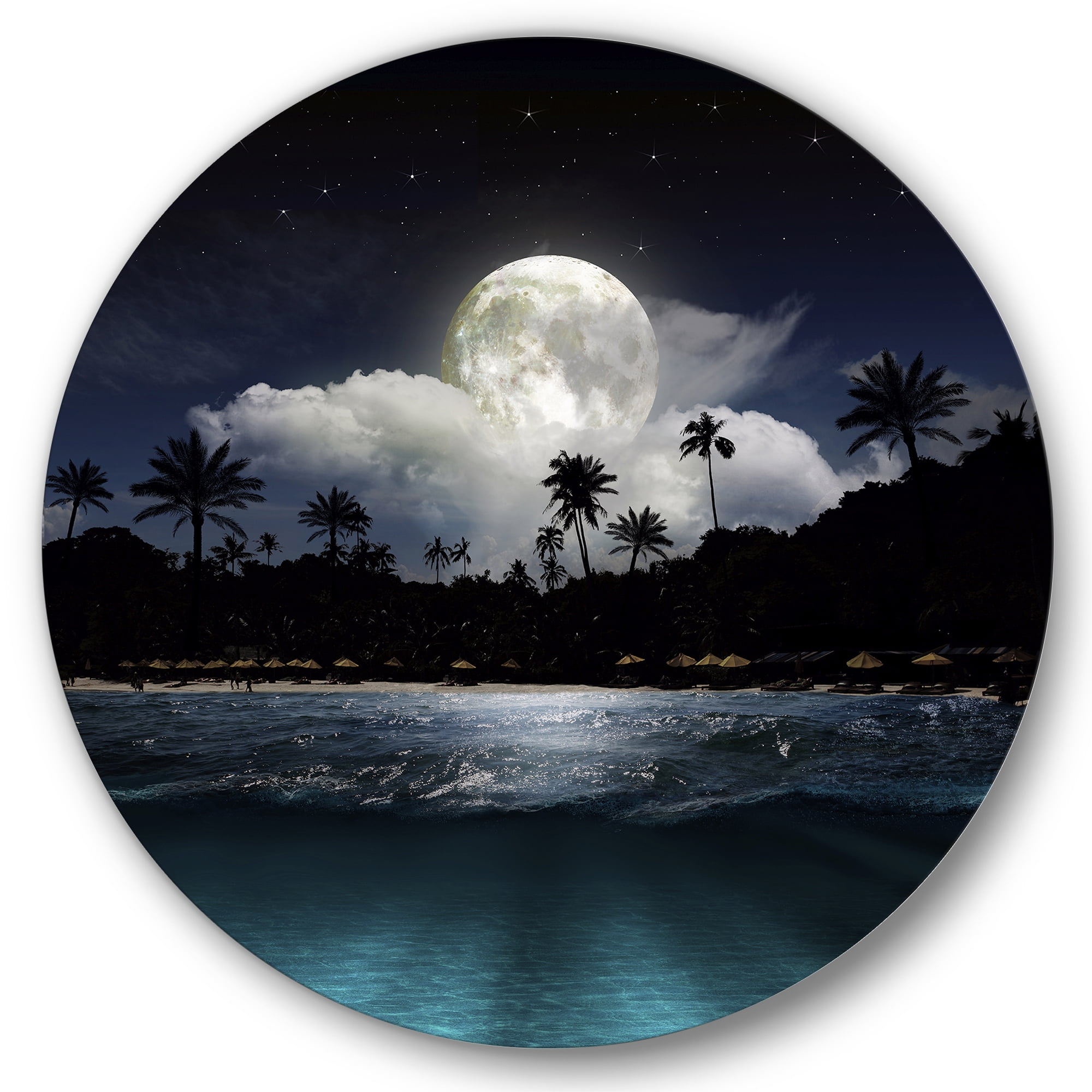 Designart 'Green Beach Under Tropical Full Moon' Modern Circle Metal Wall Art 11x11 - Disc of 11