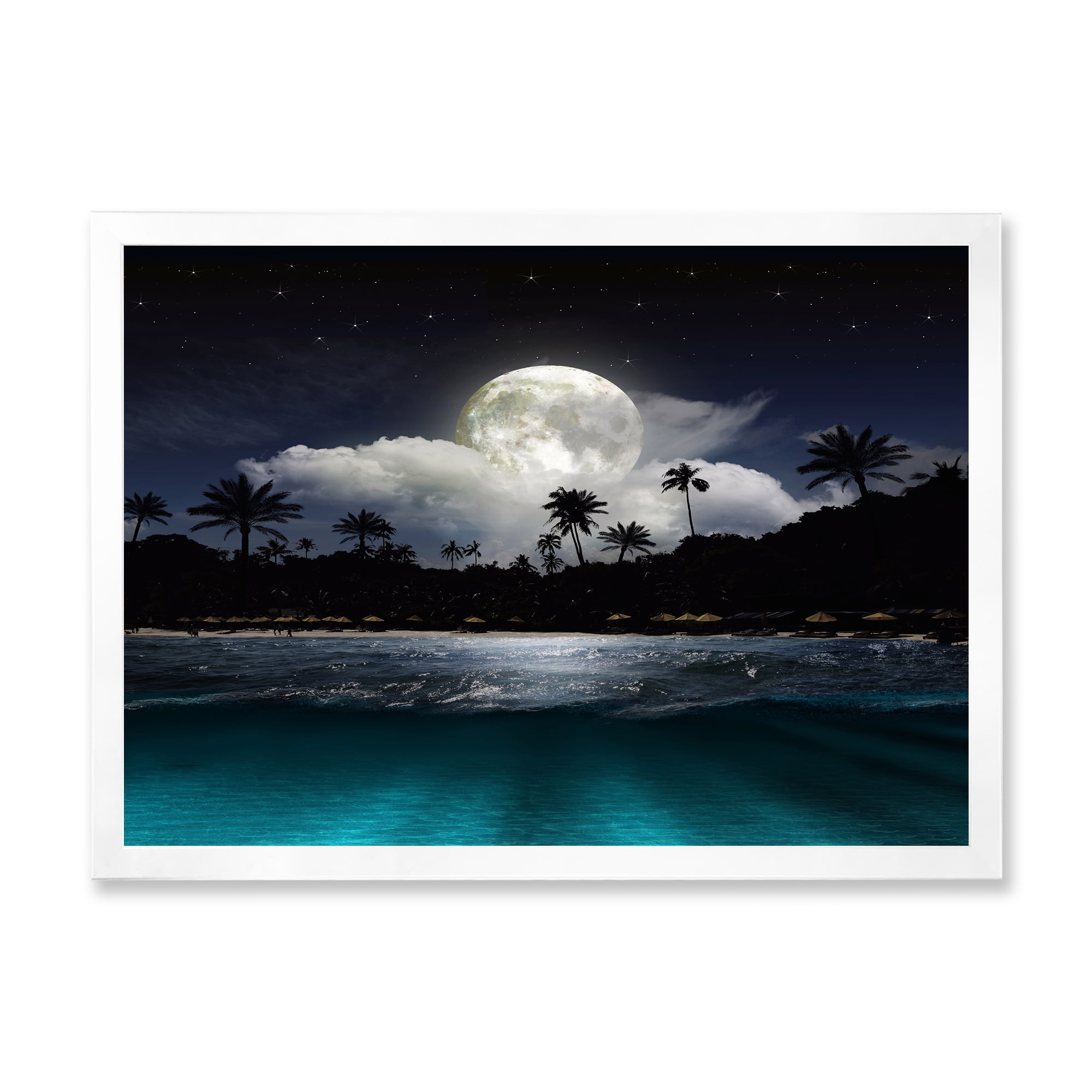 Designart 'Green Beach Under Tropical Full Moon' Modern Framed Art Print