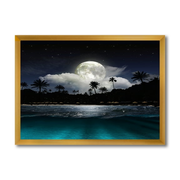 Designart 'Green Beach Under Tropical Full Moon' Modern Framed Art Print