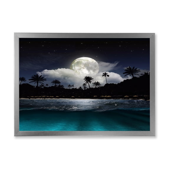 Designart 'Green Beach Under Tropical Full Moon' Modern Framed Art Print