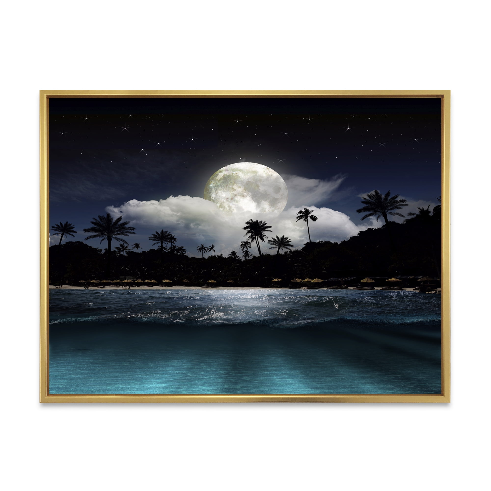 Designart 'Green Beach Under Tropical Full Moon' Modern Framed Canvas Wall Art Print