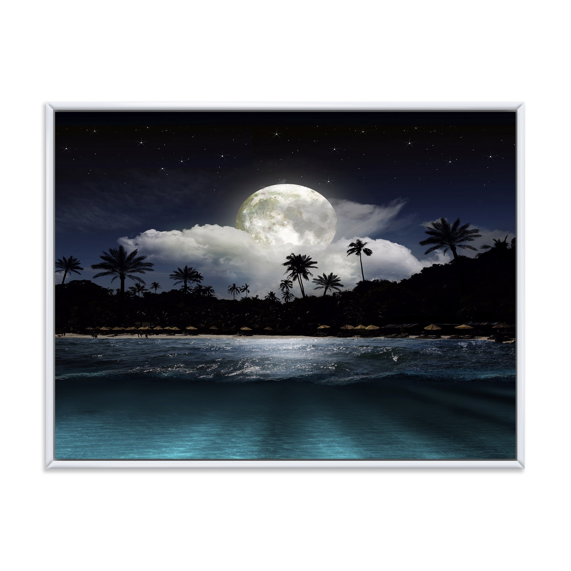 Designart 'Green Beach Under Tropical Full Moon' Modern Framed Canvas Wall Art Print