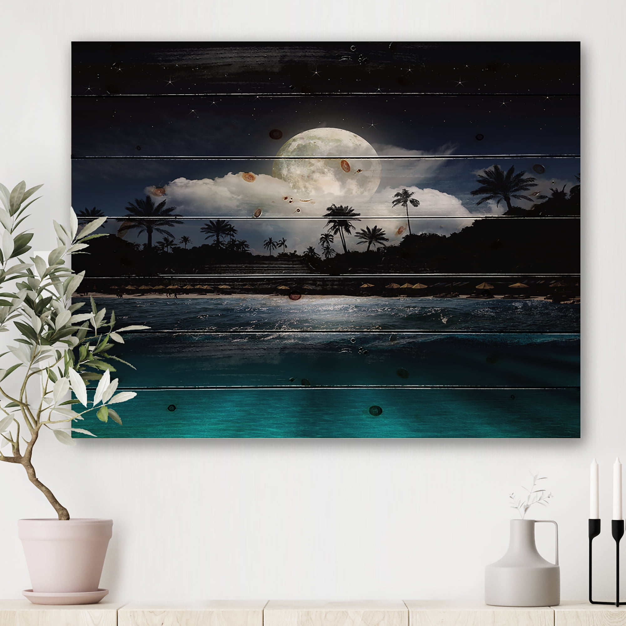 Designart 'Green Beach Under Tropical Full Moon' Modern Print on Natural Pine Wood