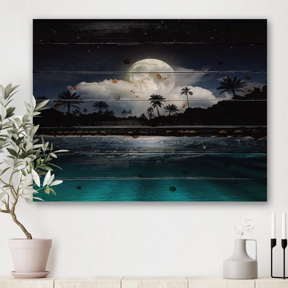 Designart 'Green Beach Under Tropical Full Moon' Modern Print on Natural Pine Wood