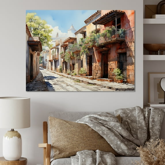 Designart "Green Beige Mexico Colonial beauty Watercolor" Mexico Wall Decor