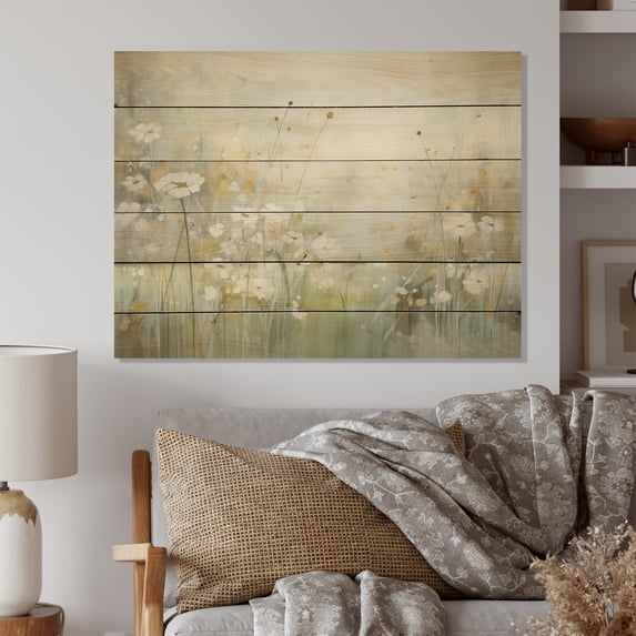Designart "Green Beige peaceful Meadows II" Abstract Botanicals Print on Natural Pine Wood