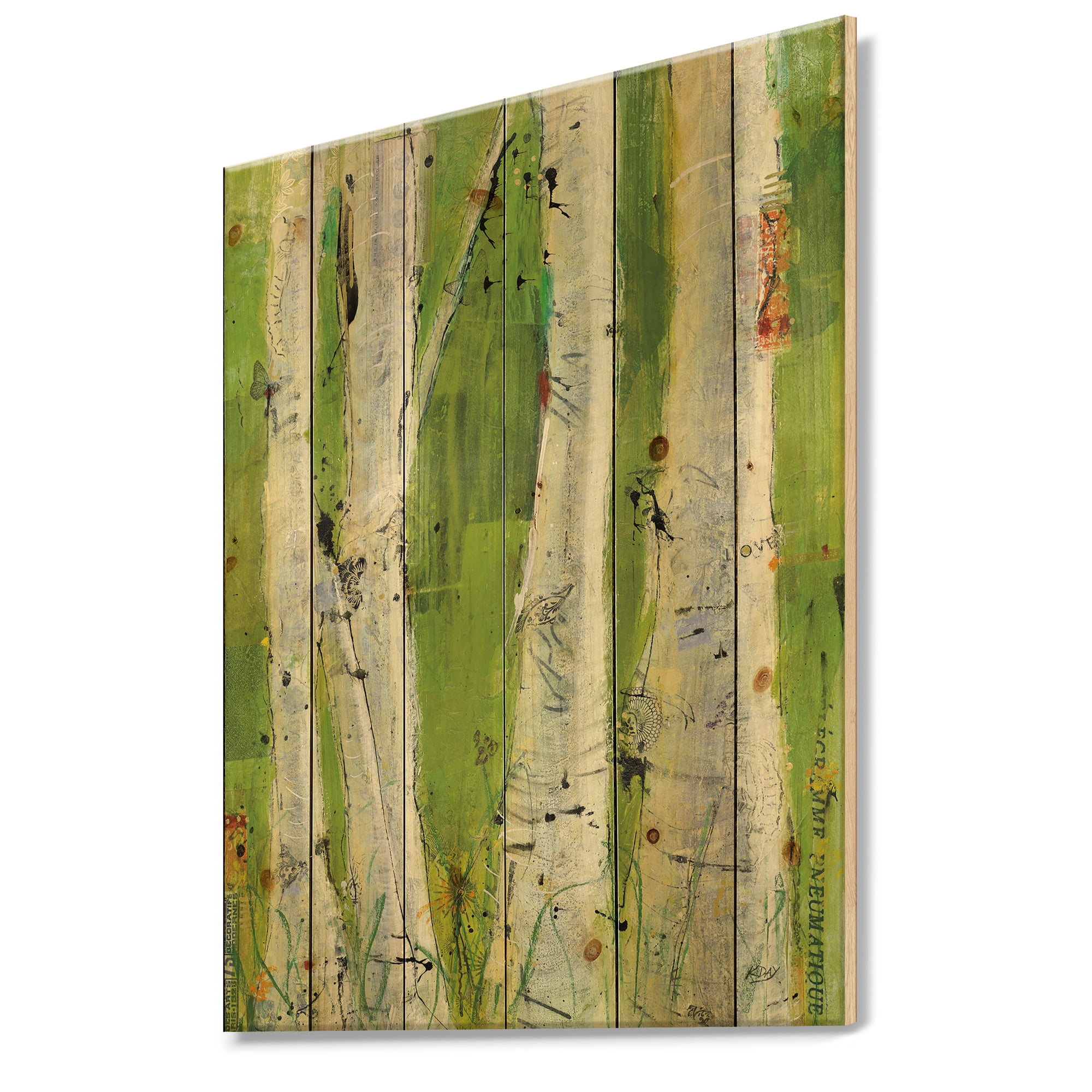 Designart 'Green Birch Forest Illustration' Traditional Print on Natural Pine Wood