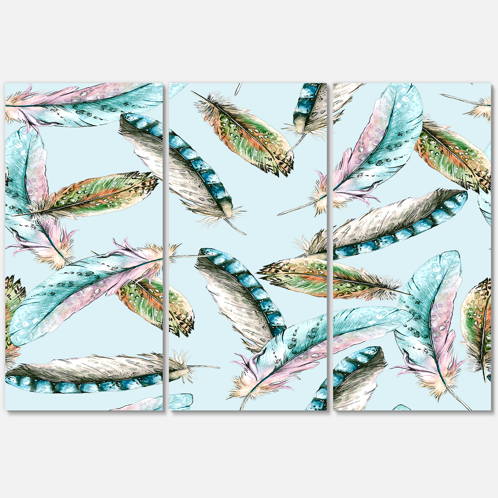 Designart ' Green Bird Feathers On Blue Background ' Bohemian & Eclectic Canvas Wall Art Print