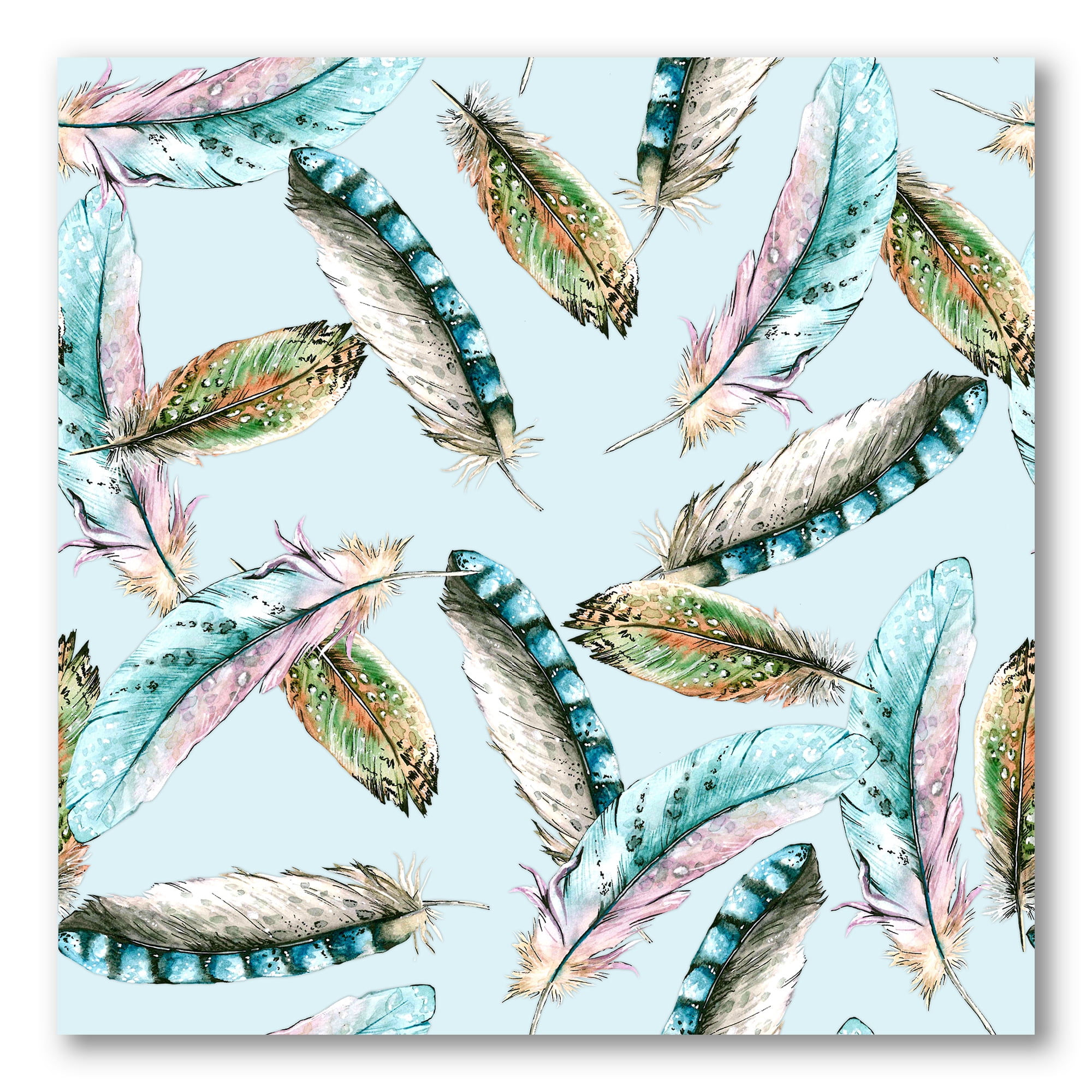 Designart ' Green Bird Feathers On Blue Background ' Bohemian & Eclectic Canvas Wall Art Print