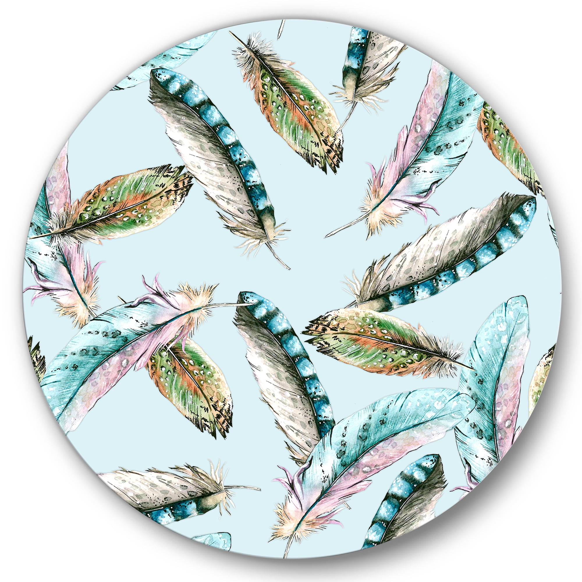 Designart 'Green Bird Feathers On Blue Background' Bohemian & Eclectic Circle Metal Wall Art 36x36 - Disc of 36