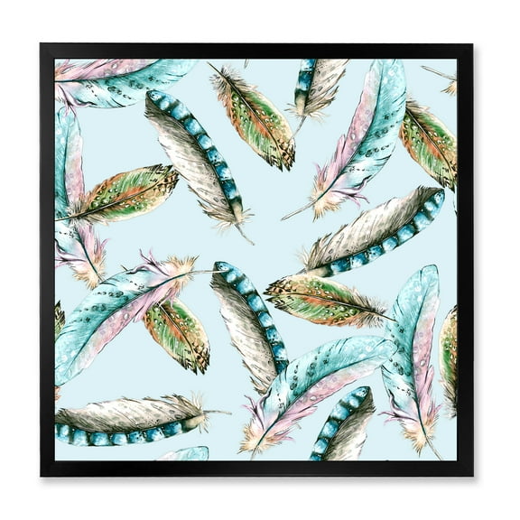 Designart 'Green Bird Feathers On Blue Background' Bohemian & Eclectic Framed Art Print
