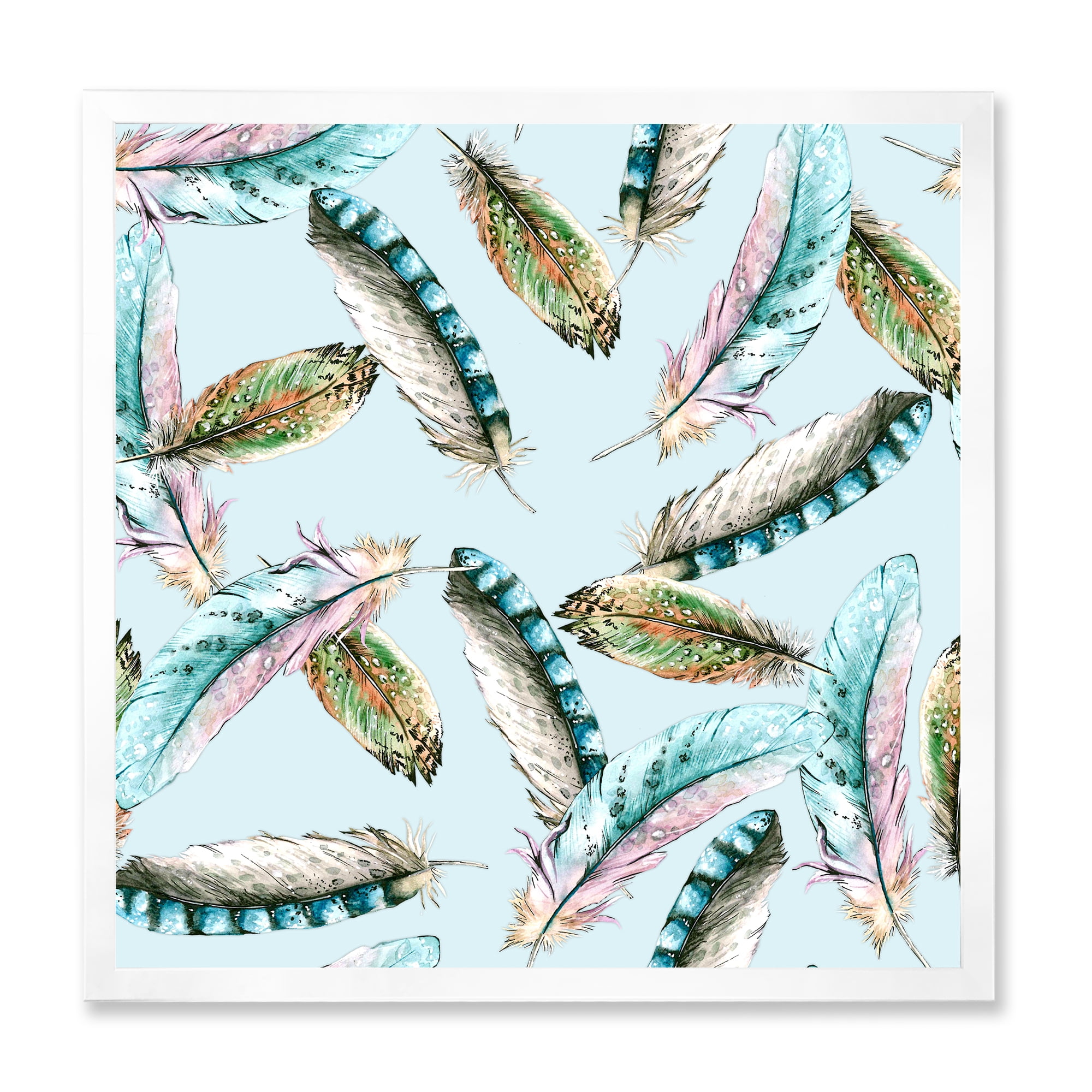 Designart 'Green Bird Feathers On Blue Background' Bohemian & Eclectic Framed Art Print