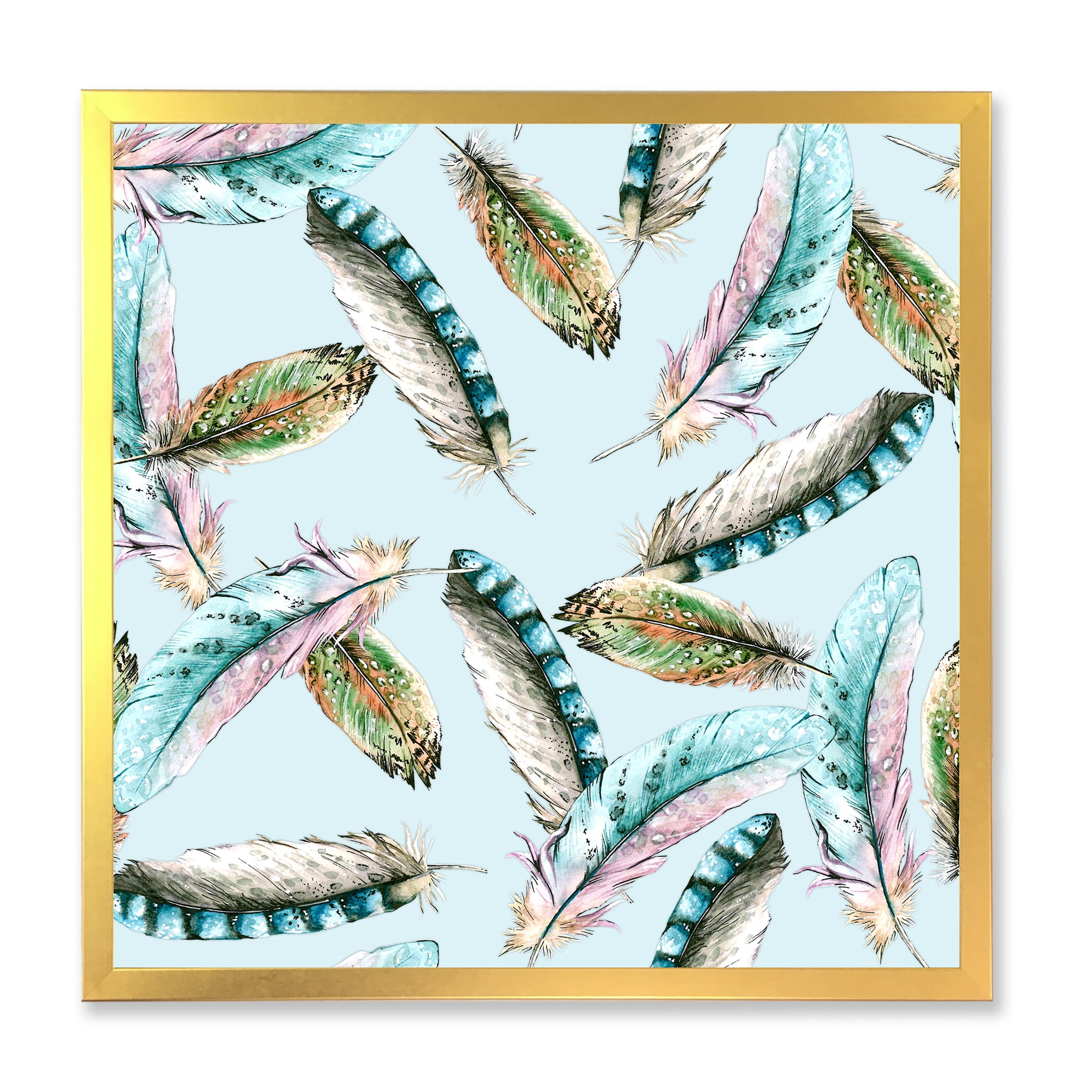 Designart 'Green Bird Feathers On Blue Background' Bohemian & Eclectic Framed Art Print