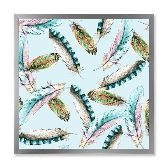 Designart 'Green Bird Feathers On Blue Background' Bohemian & Eclectic Framed Art Print