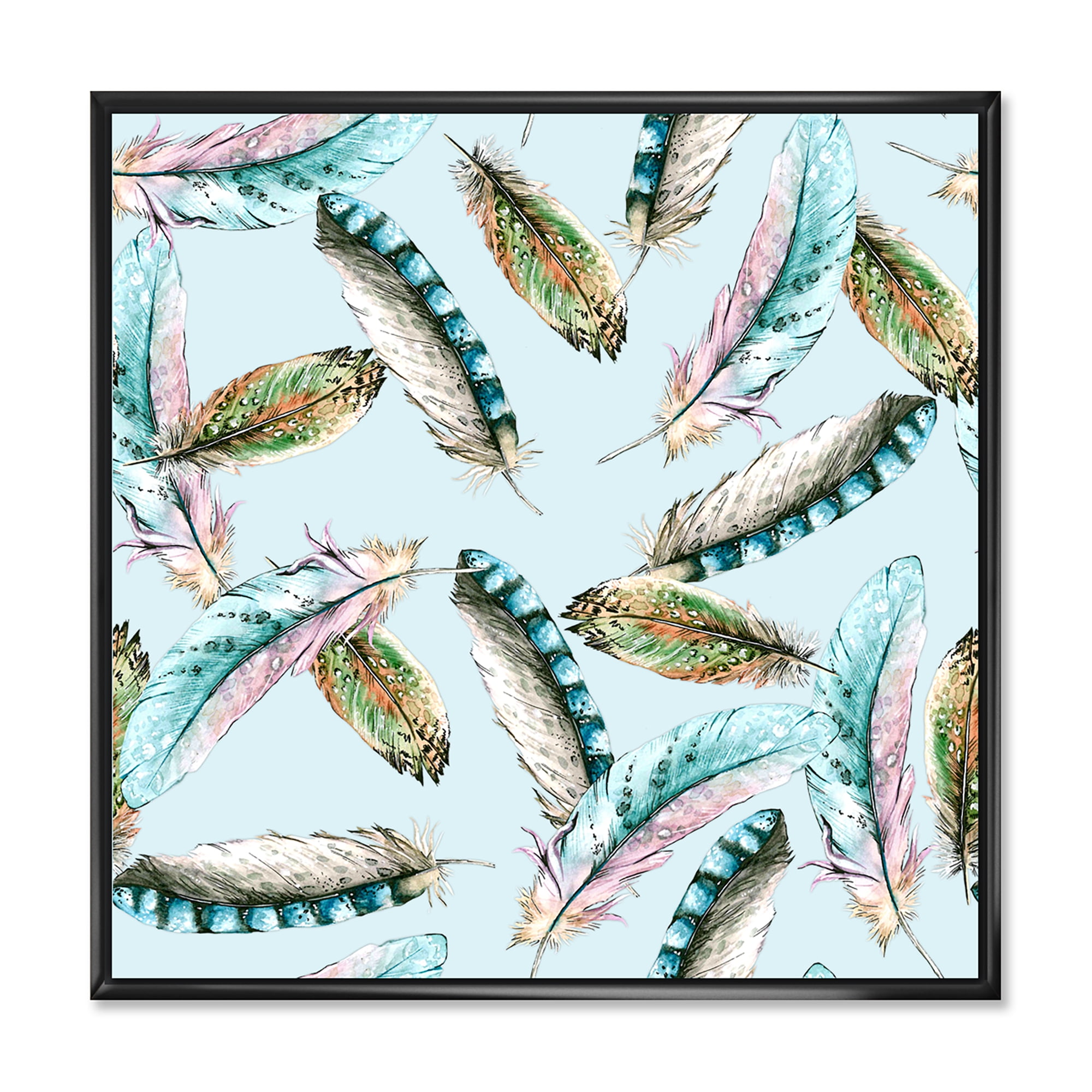 Designart 'Green Bird Feathers On Blue Background' Bohemian & Eclectic Framed Canvas Wall Art Print