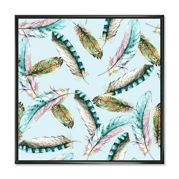 Designart 'Green Bird Feathers On Blue Background' Bohemian & Eclectic Framed Canvas Wall Art Print