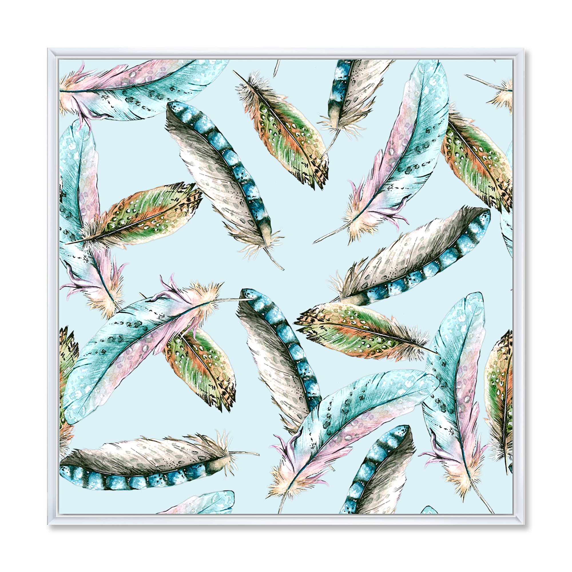 Designart 'Green Bird Feathers On Blue Background' Bohemian & Eclectic Framed Canvas Wall Art Print