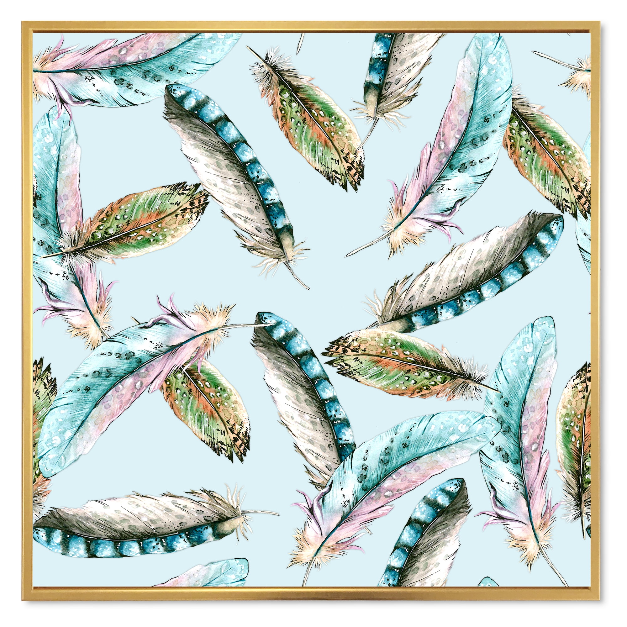 Designart 'Green Bird Feathers On Blue Background' Bohemian & Eclectic Framed Canvas Wall Art Print